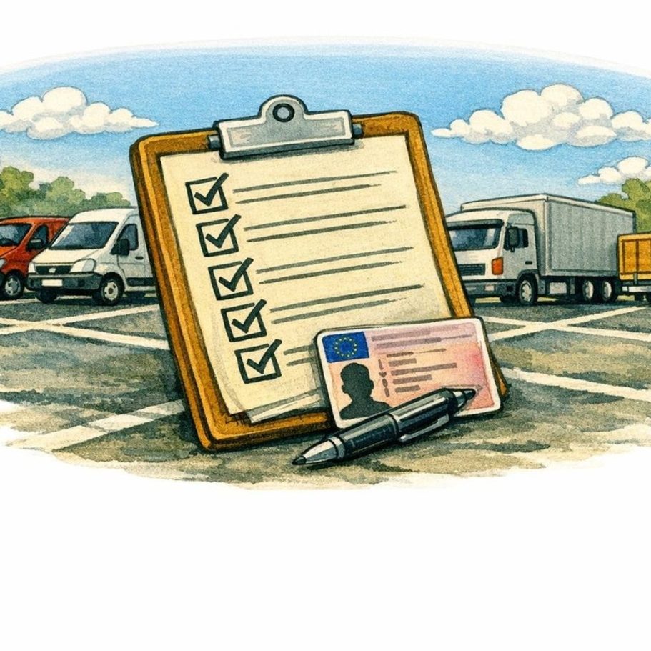 Ein Notizblock mit Checkliste, Ausweis und Kugelschreiber vor einem Parkplatz mit Fahrzeugen.