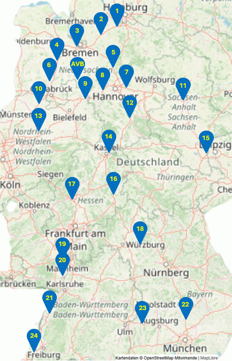 Praxis Wissen Fuhrpark -Karte mit Standorten, gekennzeichnet durch blaue Marker in Deutschland.