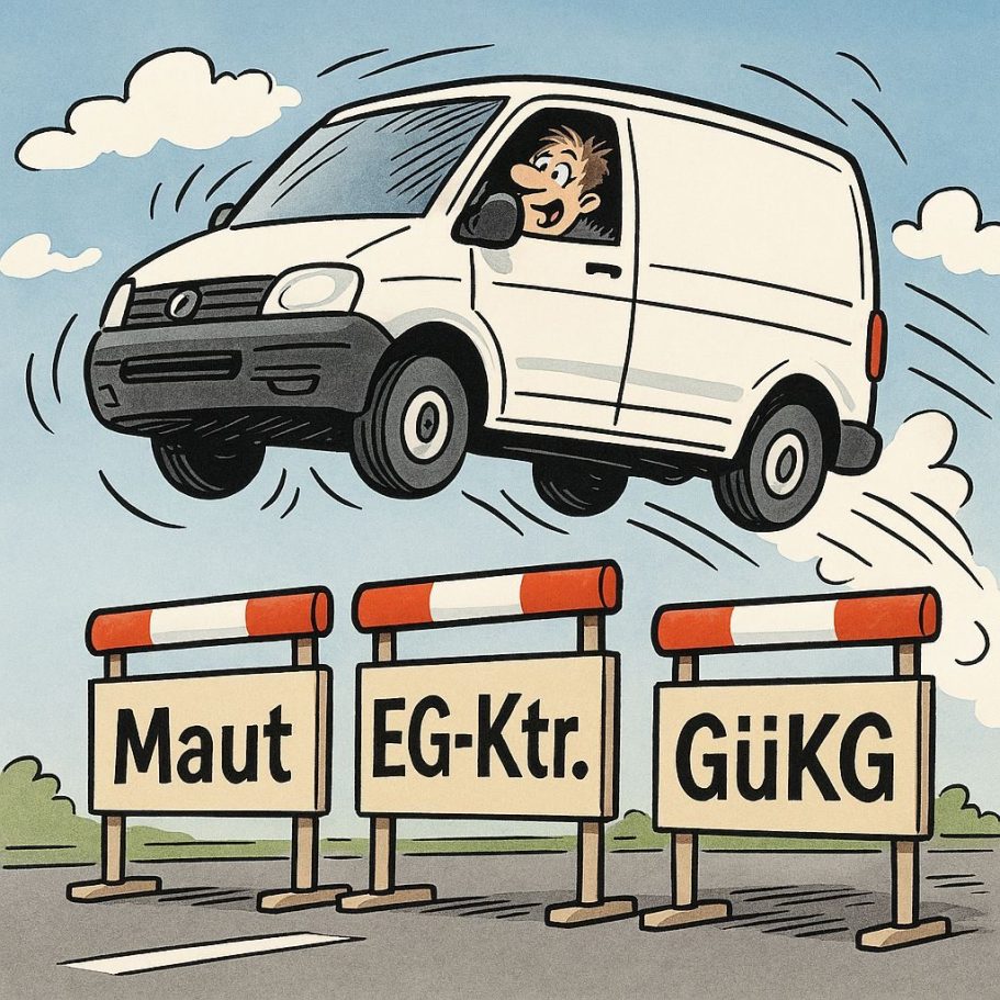 Ein Lieferwagen springt über Schilder mit Maut, EG-Kr. und GüKG.